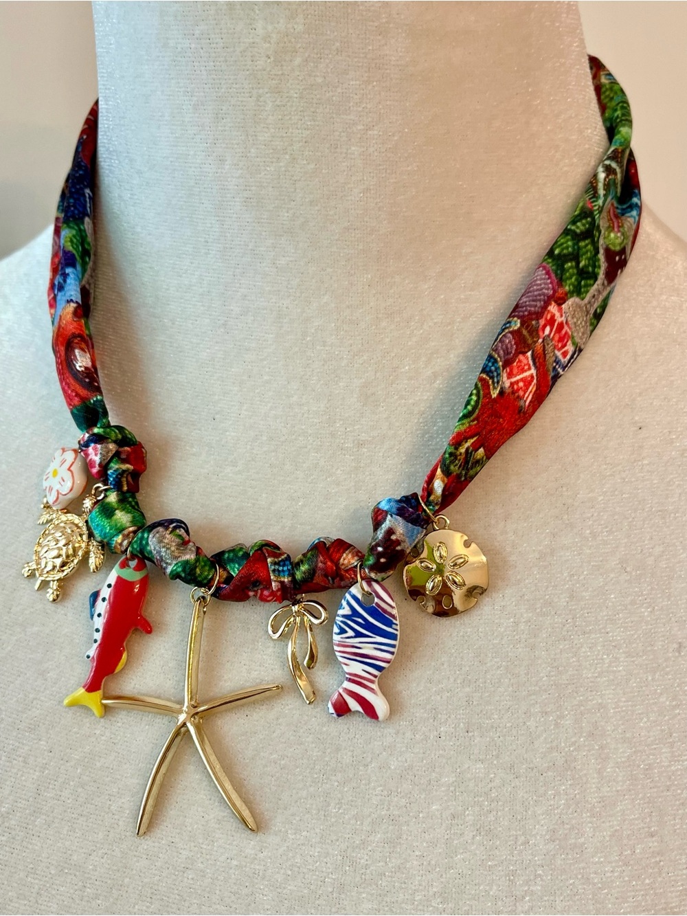 Colorful Tropical Charm Bandanna Necklace with Gold Starfish - Picture 2 of 8